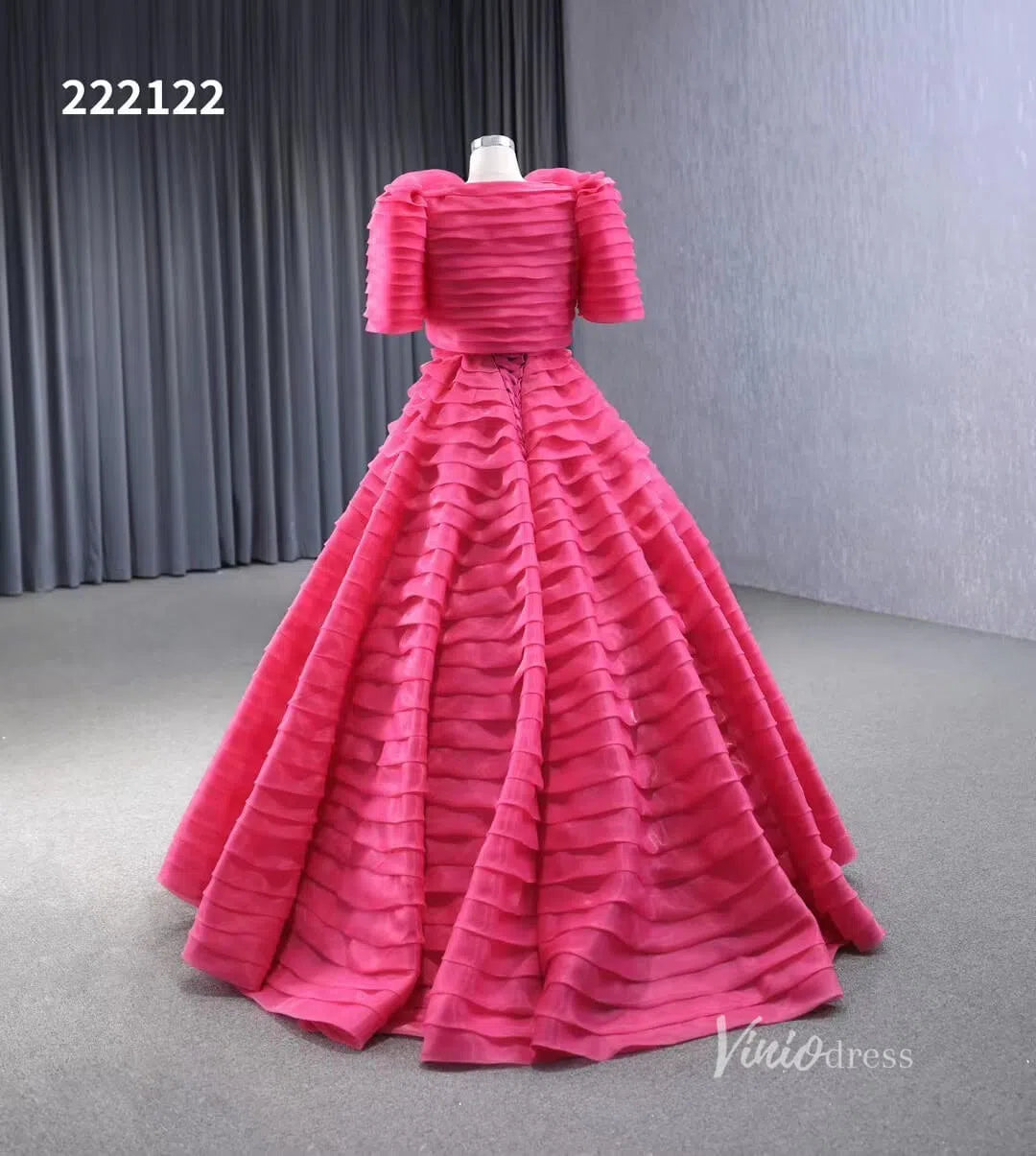 Crimson Pink Tiered Ball Gown Detachable Bolero Wedding Dresses 222122-Quinceanera Dresses-Viniodress-Viniodress