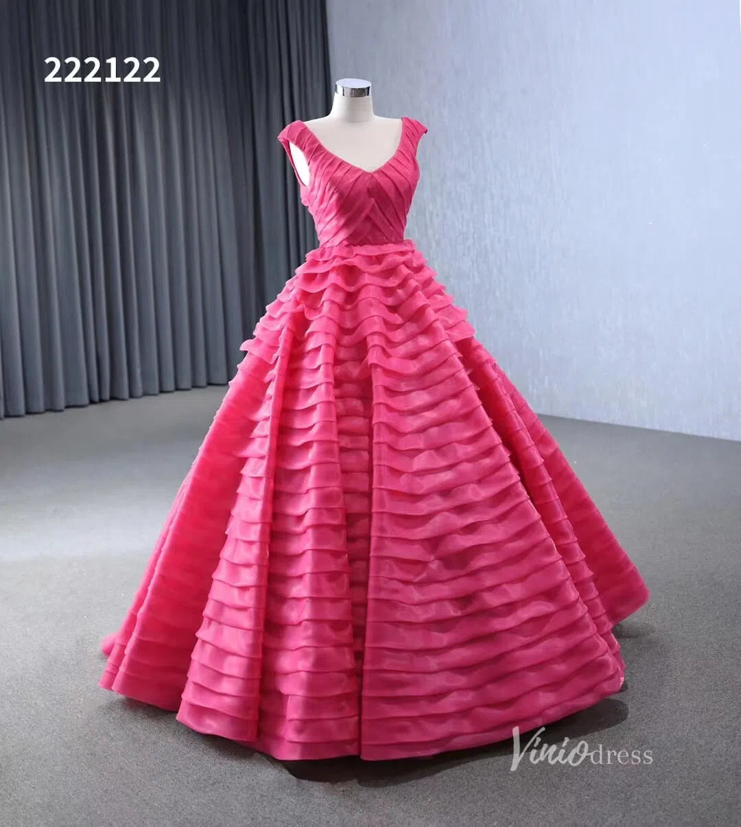 Crimson Pink Tiered Ball Gown Detachable Bolero Wedding Dresses 222122-Quinceanera Dresses-Viniodress-Viniodress