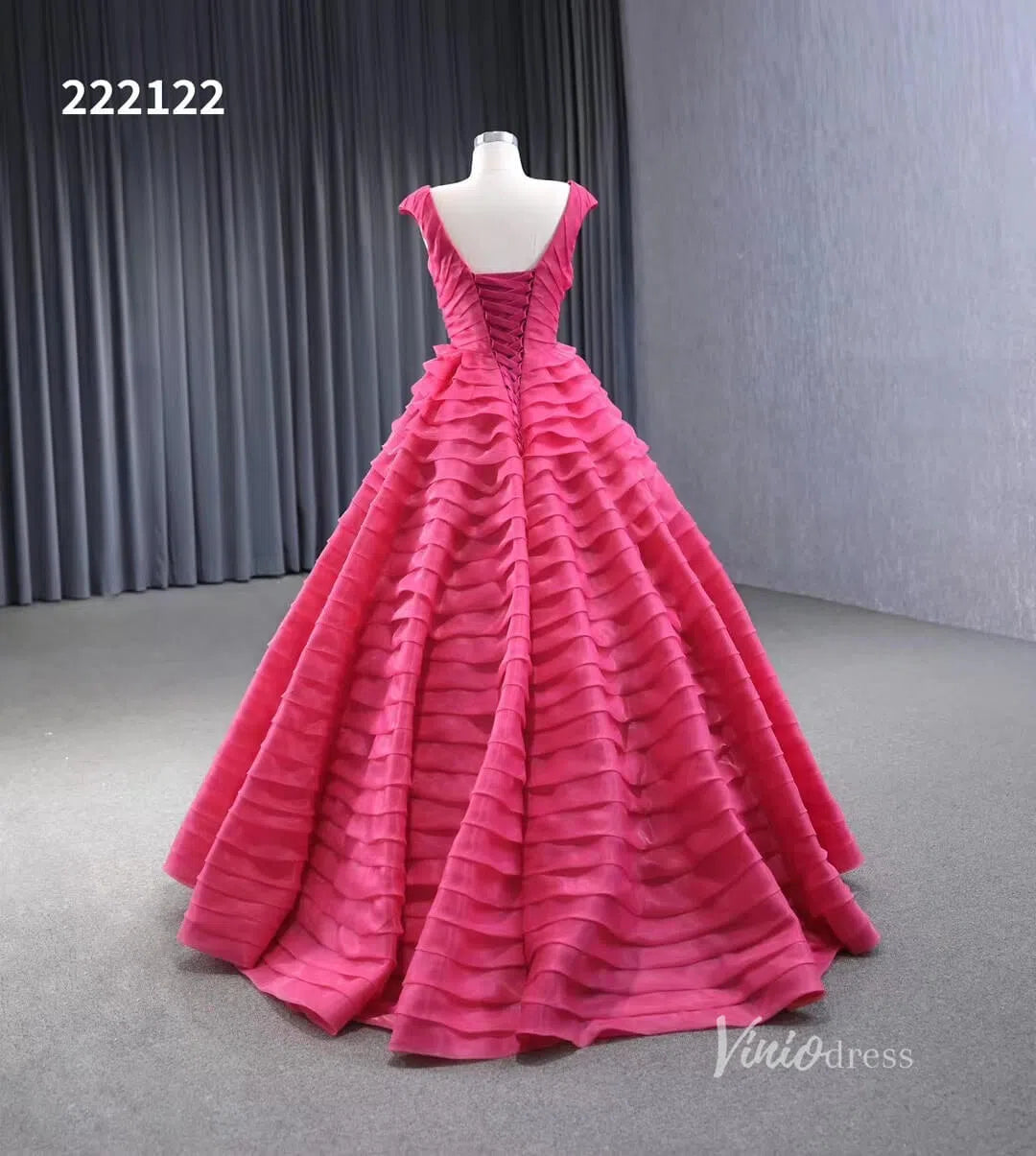 Crimson Pink Tiered Ball Gown Detachable Bolero Wedding Dresses 222122-Quinceanera Dresses-Viniodress-Viniodress