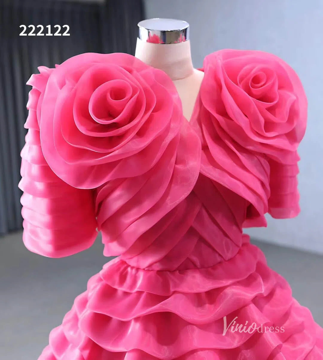 Crimson Pink Tiered Ball Gown Detachable Bolero Wedding Dresses 222122-Quinceanera Dresses-Viniodress-Viniodress