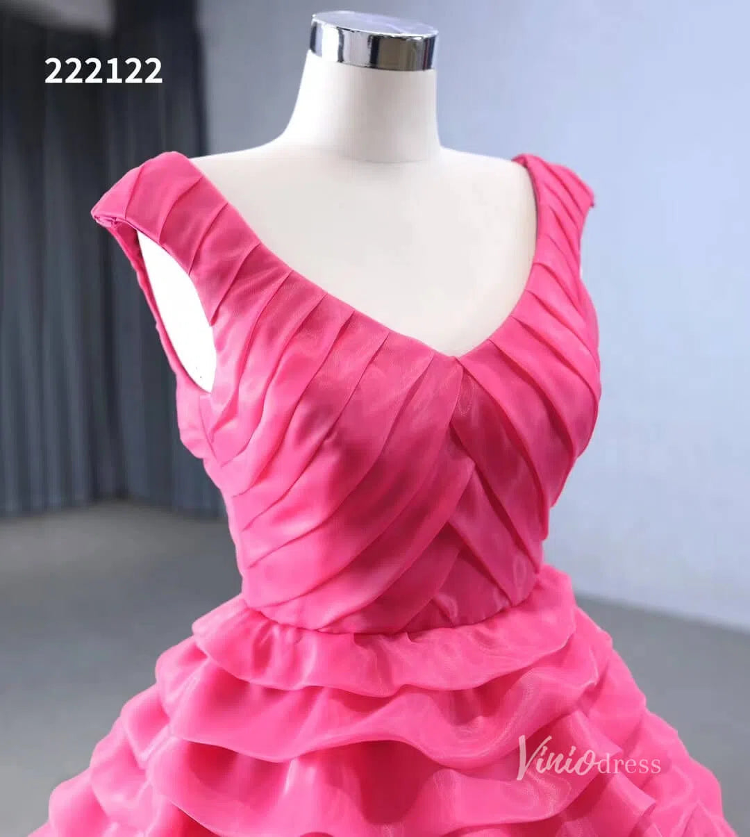 Crimson Pink Tiered Ball Gown Detachable Bolero Wedding Dresses 222122-Quinceanera Dresses-Viniodress-Viniodress