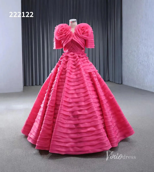 Crimson Pink Tiered Ball Gown Detachable Bolero Wedding Dresses 222122-Quinceanera Dresses-Viniodress-Viniodress