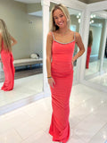 Crimson Red Mermaid Satin Prom Dresses Spaghetti Strap Evening Dress FD3655