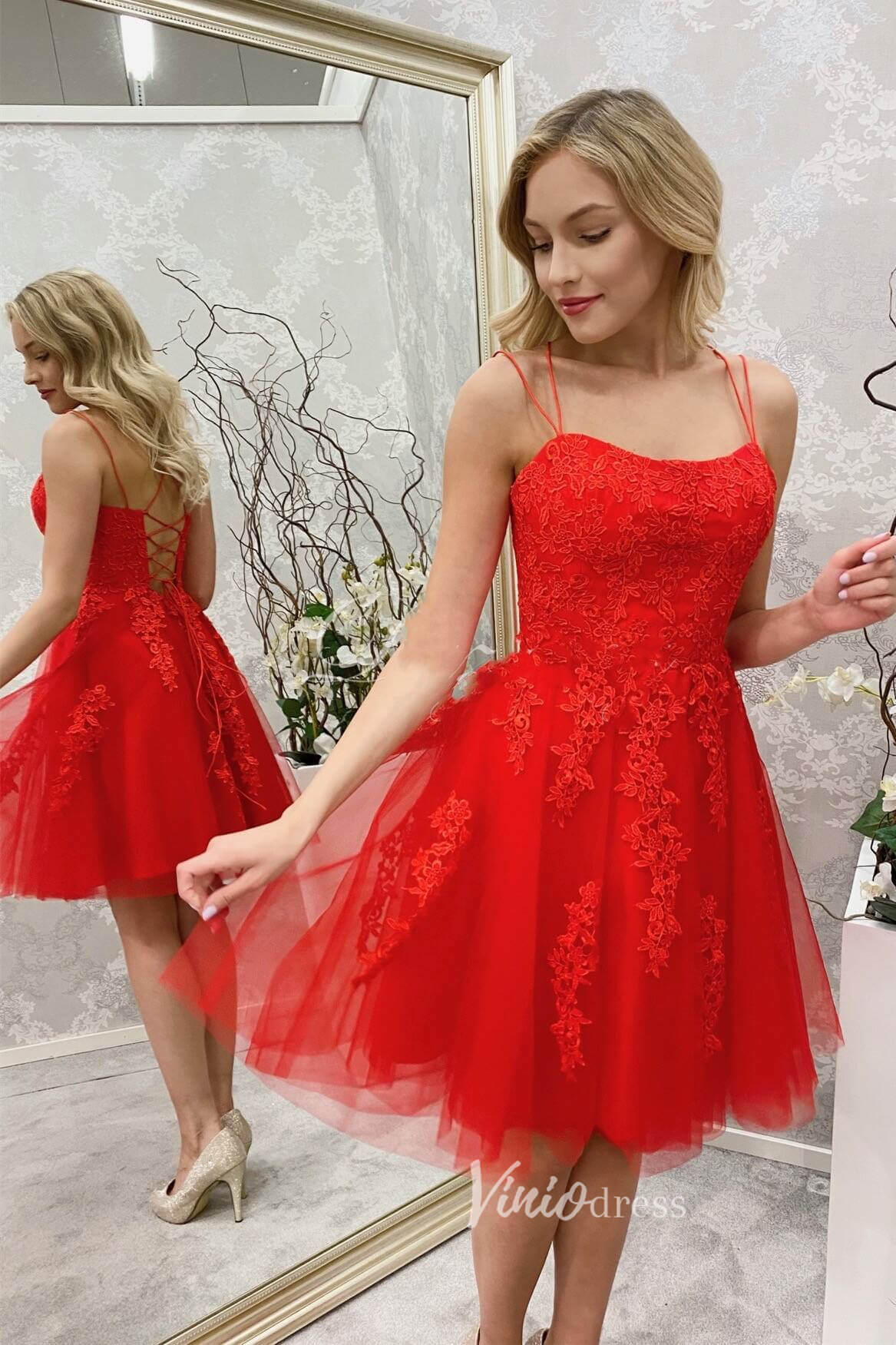 Short Prom Dresses 2025 Crisscross Spaghetti Strap Red Lace Homecoming Dresses for Juniors SD1341-homecoming dresses-Viniodress-Red-Custom Size-Viniodress