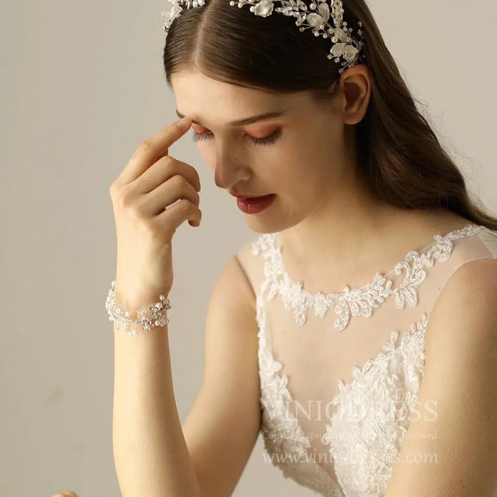 Crystal and Pearl Spray Cuff Bracelet AC1096-Bridal Jewelry 2025 -Viniodress-Silver-