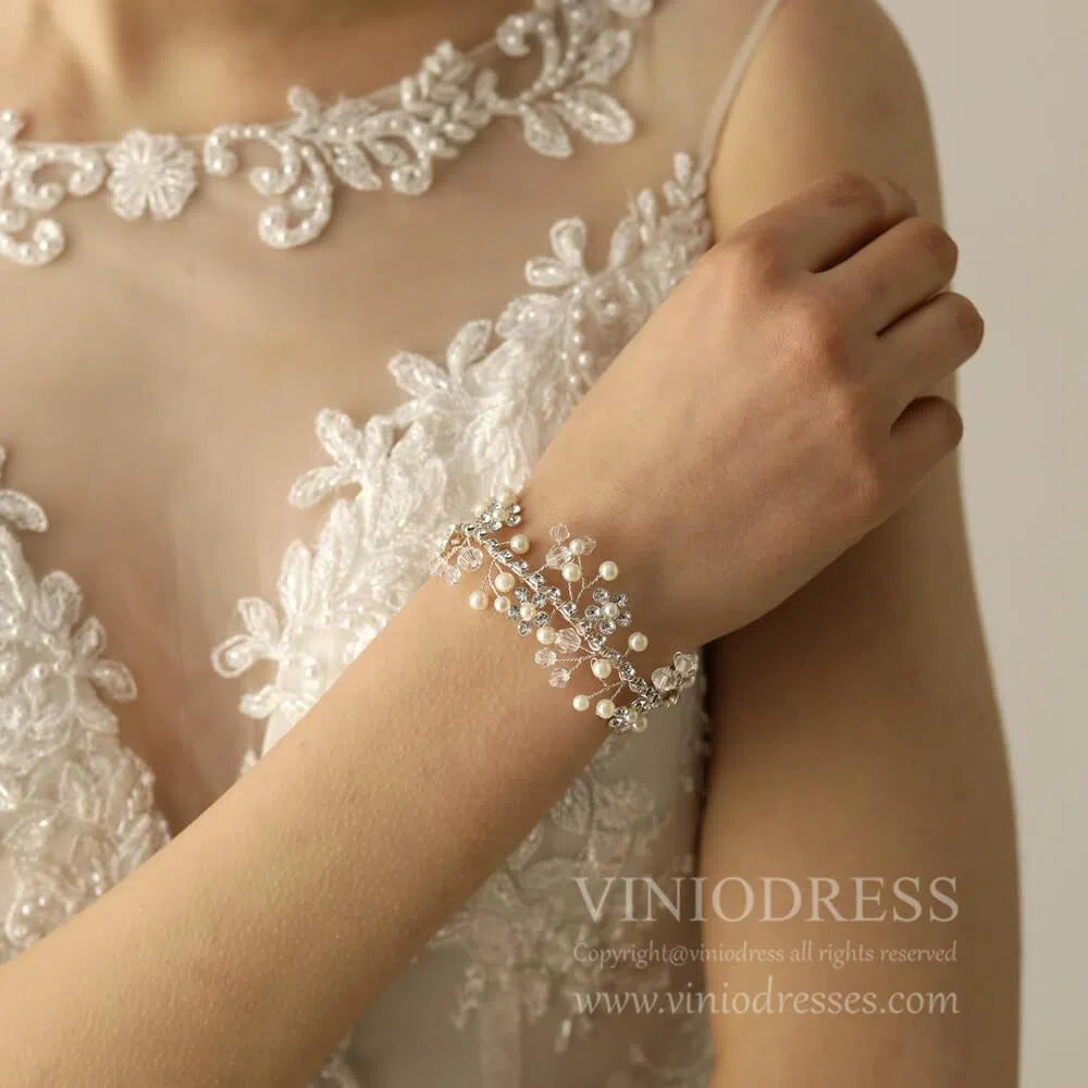 Crystal and Pearl Spray Cuff Bracelet AC1096-Bridal Jewelry 2025 -Viniodress-Silver-