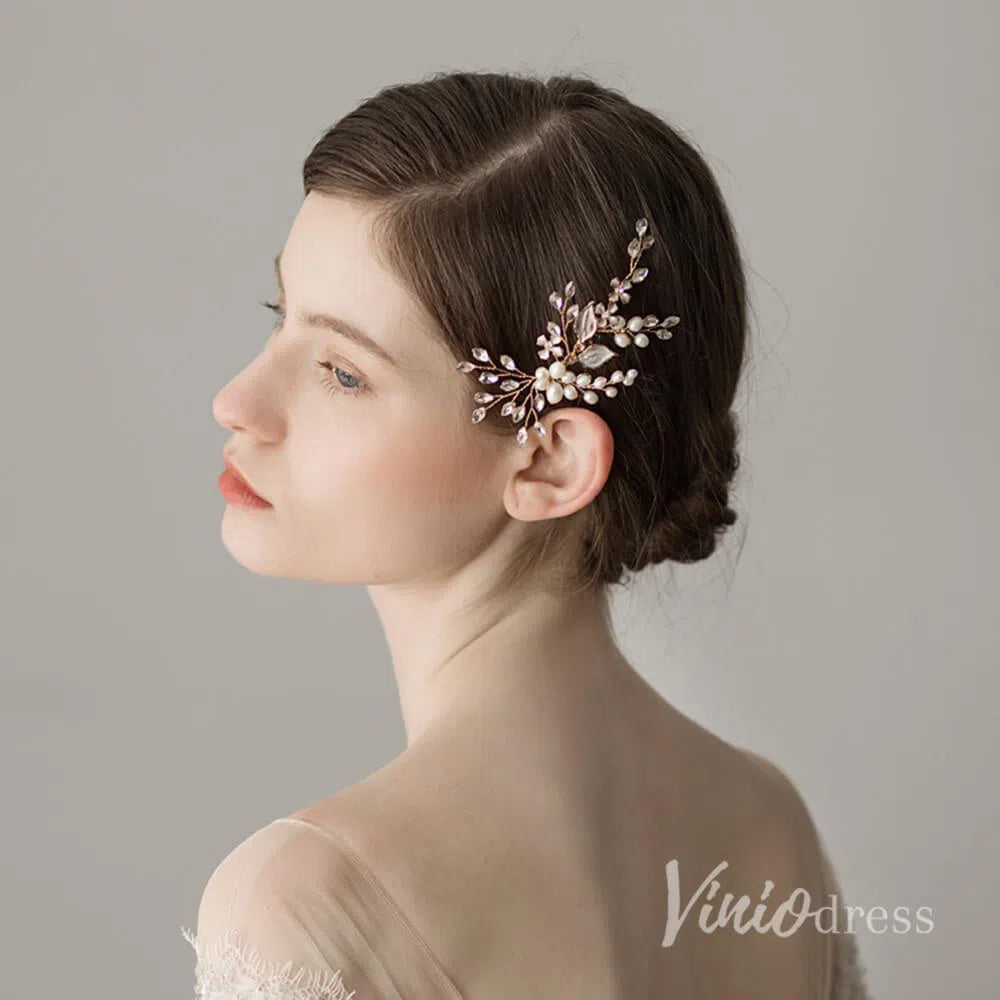Crystal and Pearl Sprig Gold Bridal Comb with Petals AC1091-Headpieces 2025 -Viniodress-Gold-
