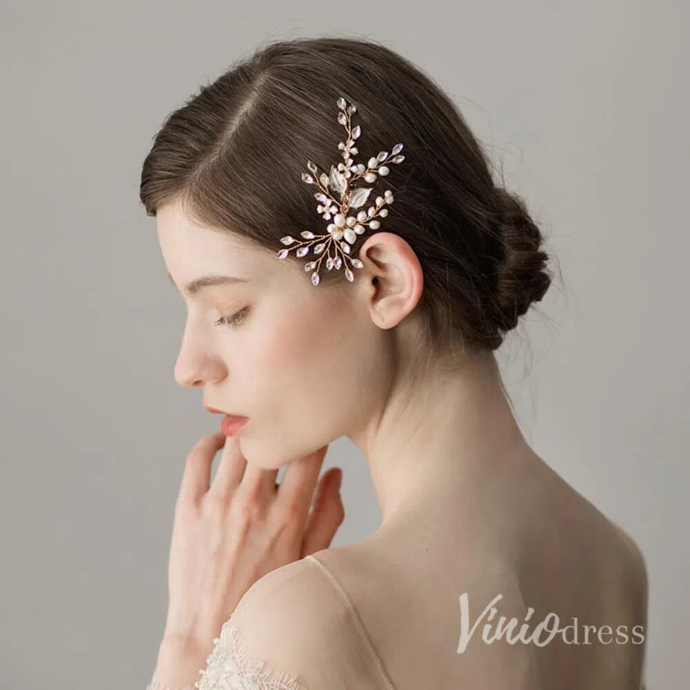Crystal and Pearl Sprig Gold Bridal Comb with Petals AC1091-Headpieces 2025 -Viniodress-Gold-