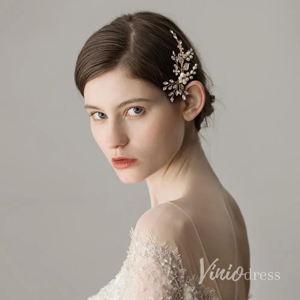 Crystal and Pearl Sprig Gold Bridal Comb with Petals AC1091-Headpieces 2025 -Viniodress-Gold-