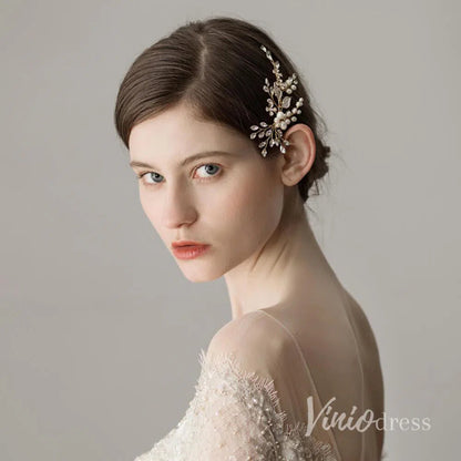 Crystal and Pearl Sprig Gold Bridal Comb with Petals AC1091-Headpieces 2025 -Viniodress-Gold-