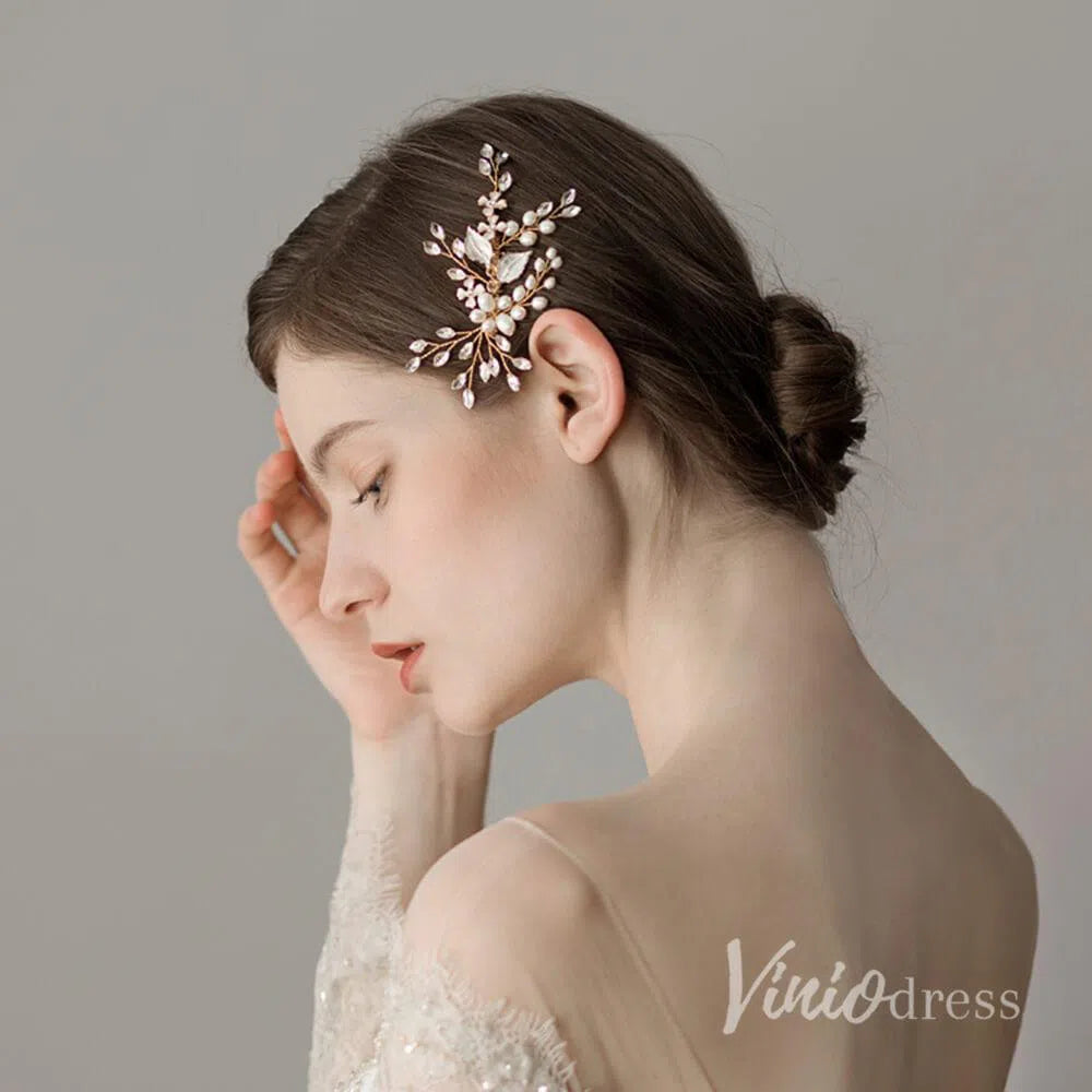 Crystal and Pearl Sprig Gold Bridal Comb with Petals AC1091-Headpieces 2025 -Viniodress-Gold-