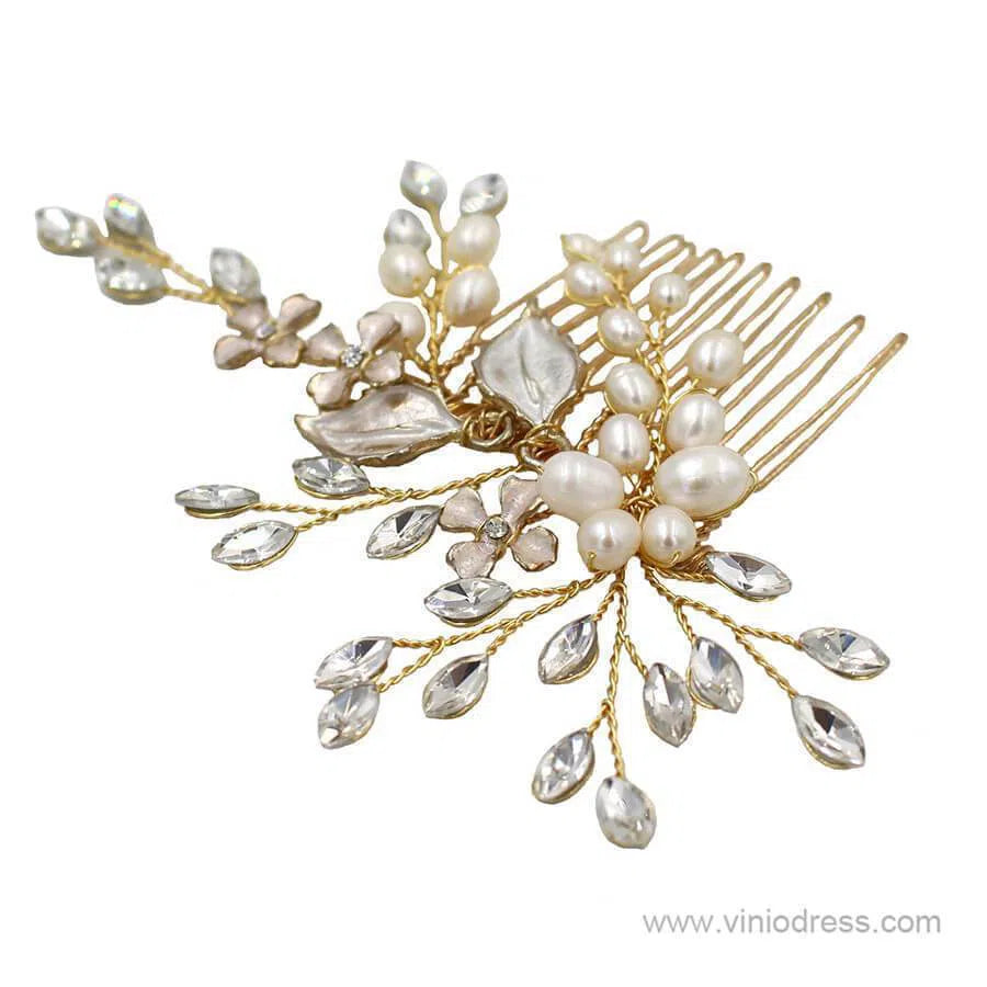 Crystal and Pearl Sprig Gold Bridal Comb with Petals AC1091-Headpieces 2025 -Viniodress-Gold-