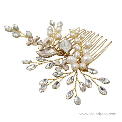 Crystal and Pearl Sprig Gold Bridal Comb with Petals AC1091-Headpieces 2025 -Viniodress-Gold-