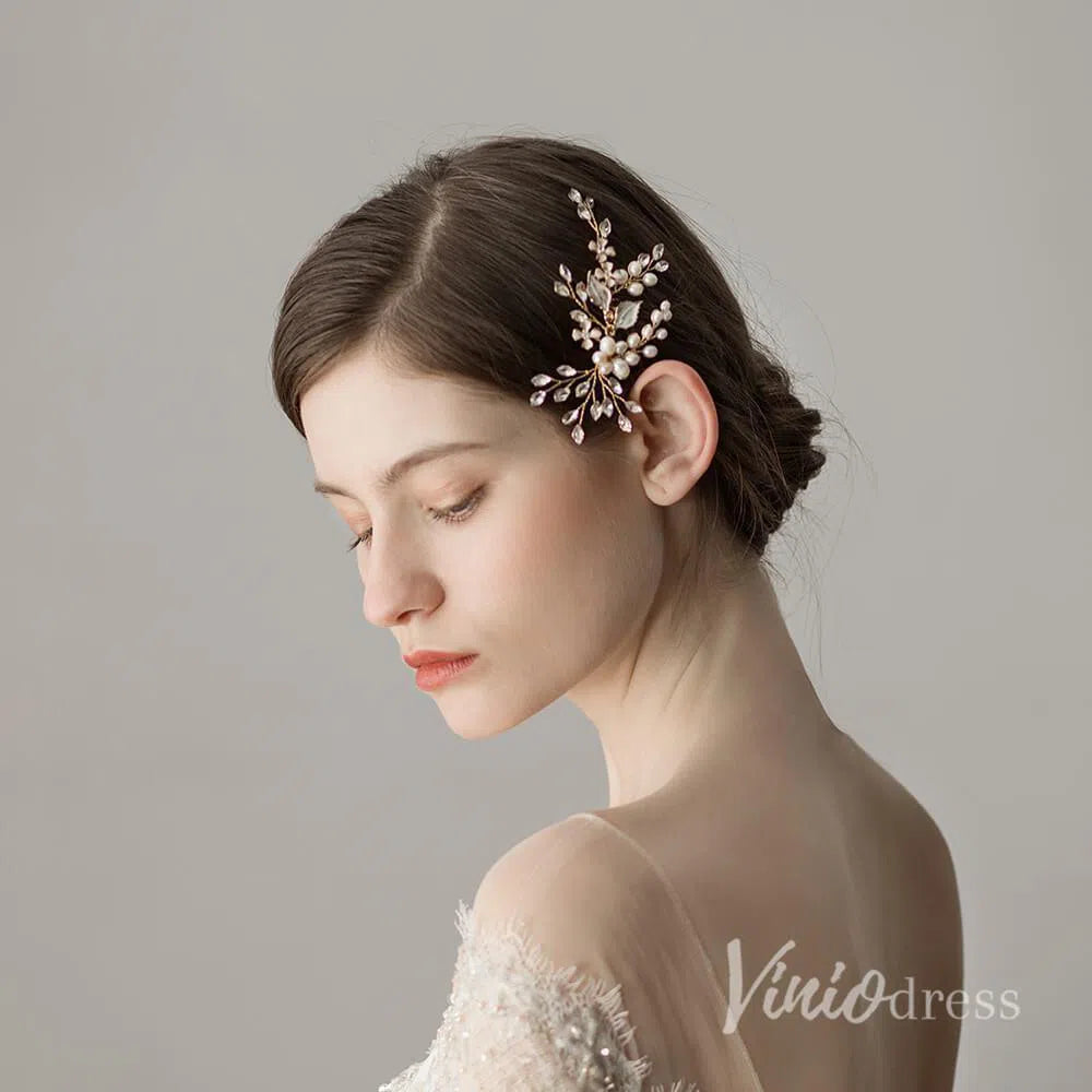 Crystal and Pearl Sprig Gold Bridal Comb with Petals AC1091-Headpieces 2025 -Viniodress-Gold-