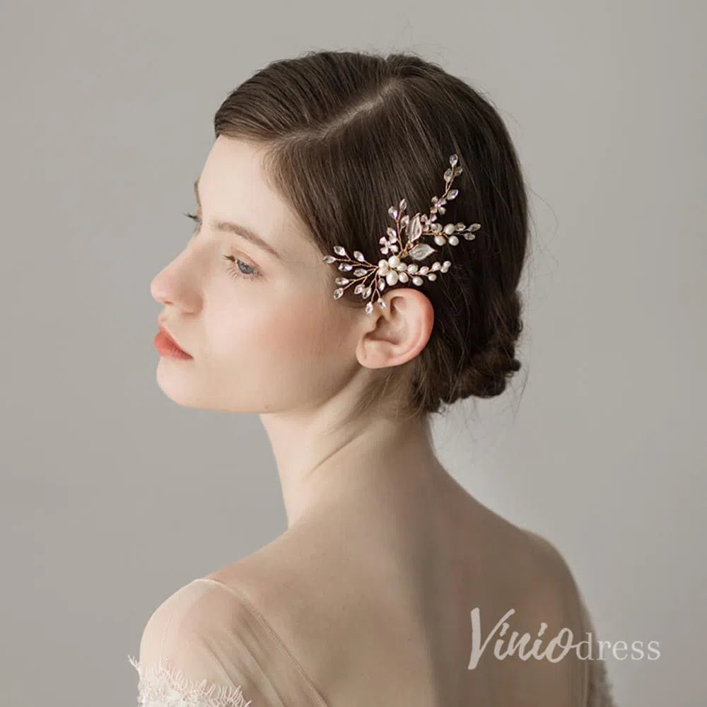 Crystal and Pearl Sprig Gold Bridal Comb with Petals AC1091-Headpieces-Viniodress-Gold-Viniodress