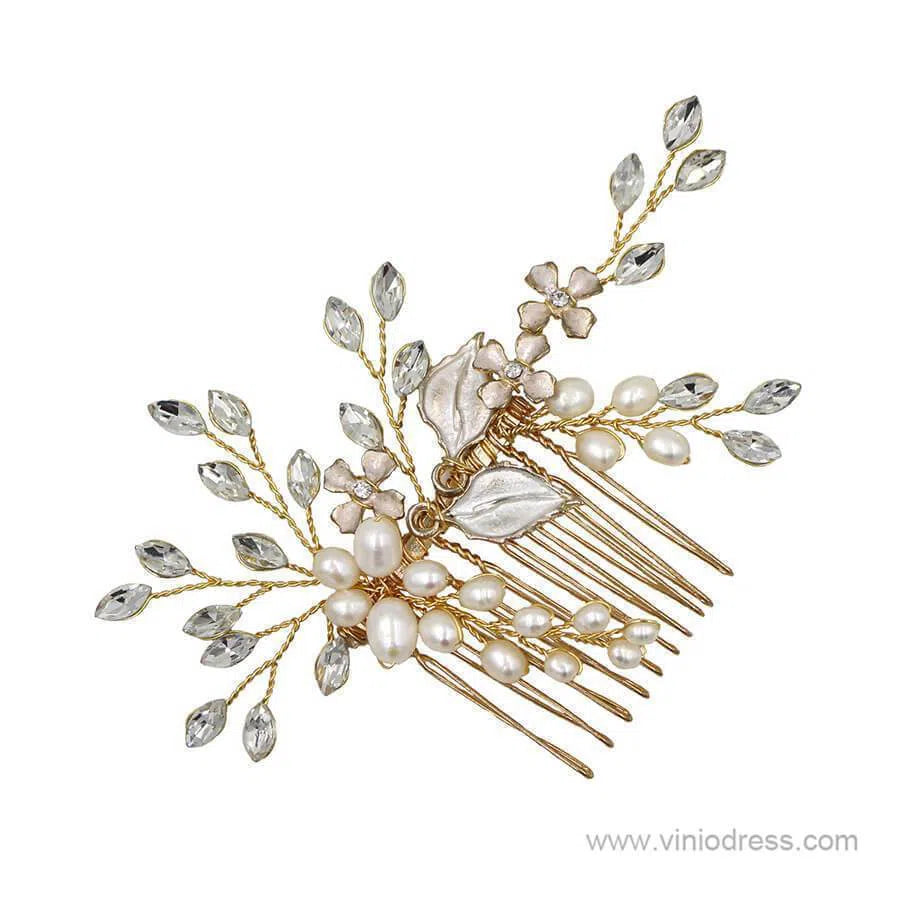 Crystal and Pearl Sprig Gold Bridal Comb with Petals AC1091-Headpieces-Viniodress-Gold-Viniodress