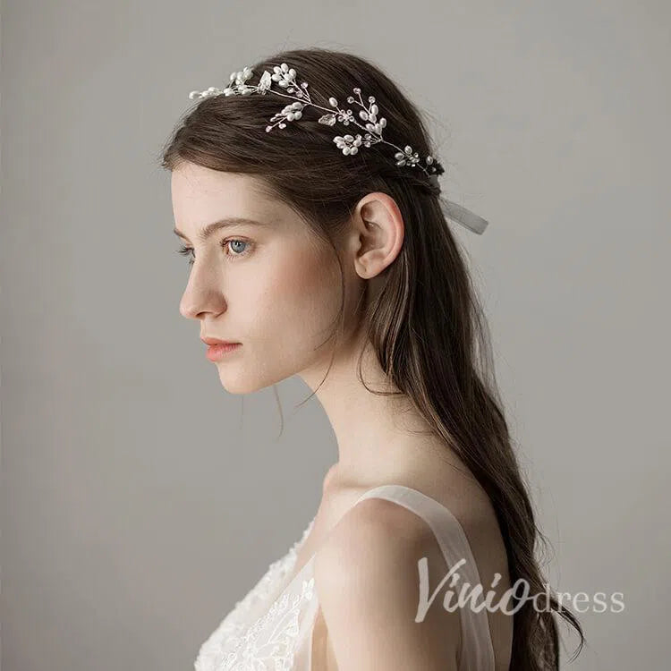 Crystal and Pearl Sprig Silver Bridal Headbands with Leaves ACC1118-Headpieces 2025 -Viniodress-Silver-