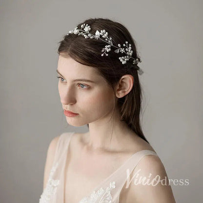 Crystal and Pearl Sprig Silver Bridal Headbands with Leaves ACC1118-Headpieces 2025 -Viniodress-Silver-