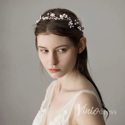 Crystal and Pearl Sprig Silver Bridal Headbands with Leaves ACC1118-Headpieces 2025 -Viniodress-Silver-