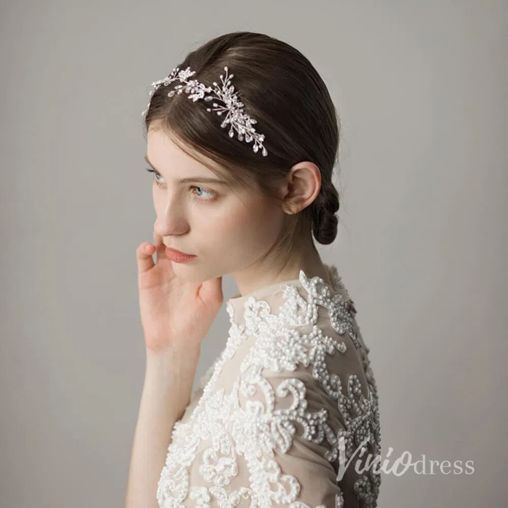Crystal and Pearl Sprig Silver Headband with Combs ACC1139-Headpieces 2025 -Viniodress-Silver-