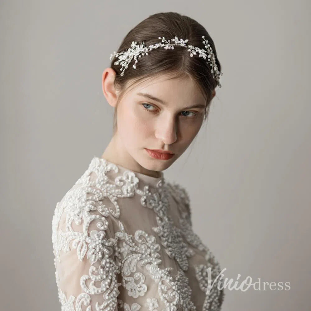 Crystal and Pearl Sprig Silver Headband with Combs ACC1139-Headpieces 2025 -Viniodress-Silver-