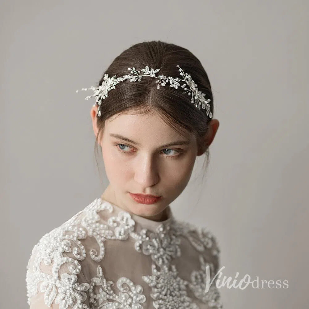 Crystal and Pearl Sprig Silver Headband with Combs ACC1139-Headpieces 2025 -Viniodress-Silver-