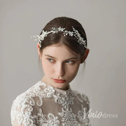 Crystal and Pearl Sprig Silver Headband with Combs ACC1139-Headpieces 2025 -Viniodress-Silver-