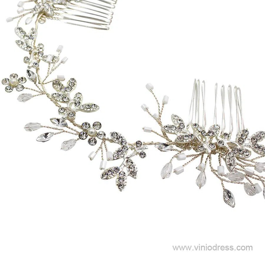 Crystal and Pearl Sprig Silver Headband with Combs ACC1139-Headpieces 2025 -Viniodress-Silver-