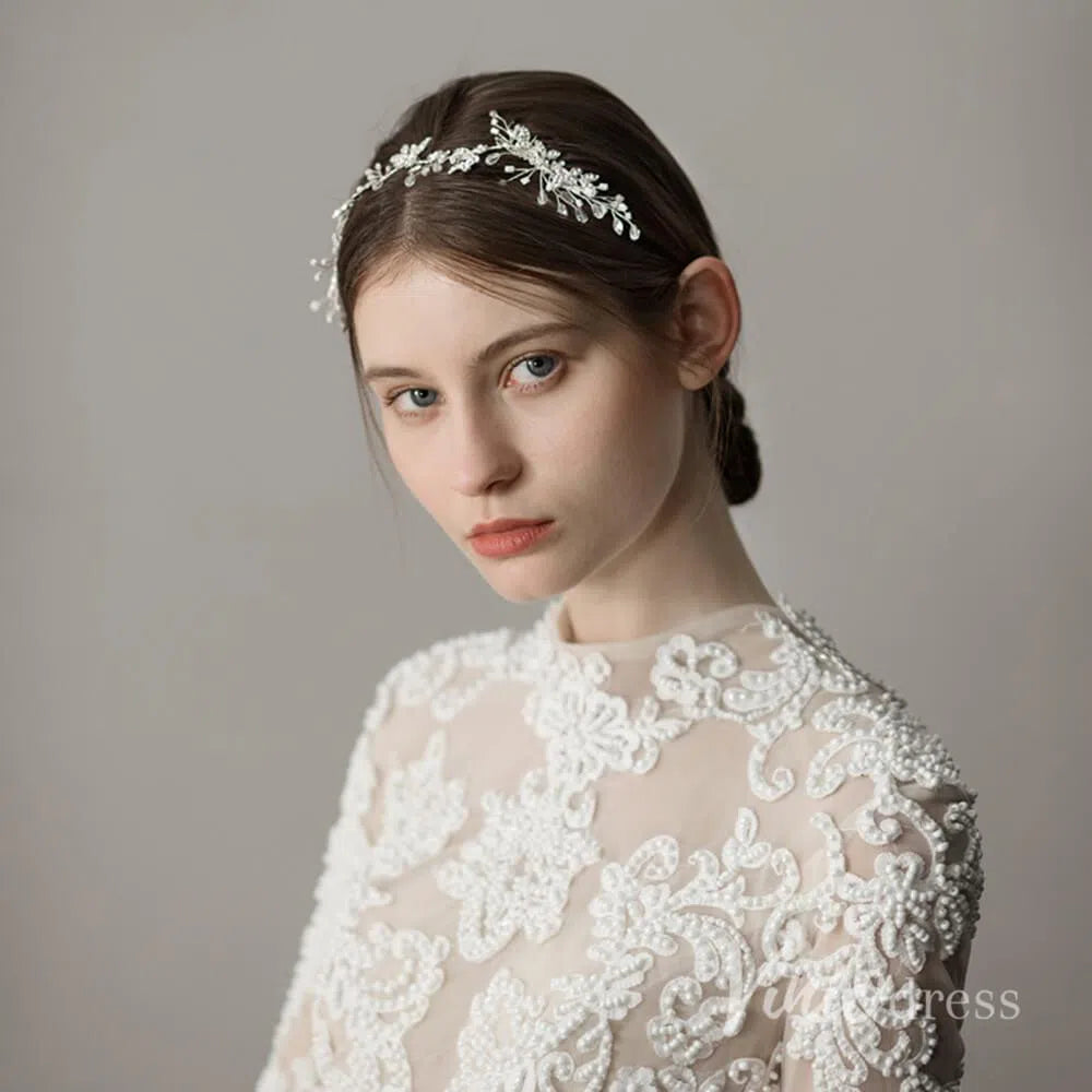 Crystal and Pearl Sprig Silver Headband with Combs ACC1139-Headpieces-Viniodress-Silver-Viniodress