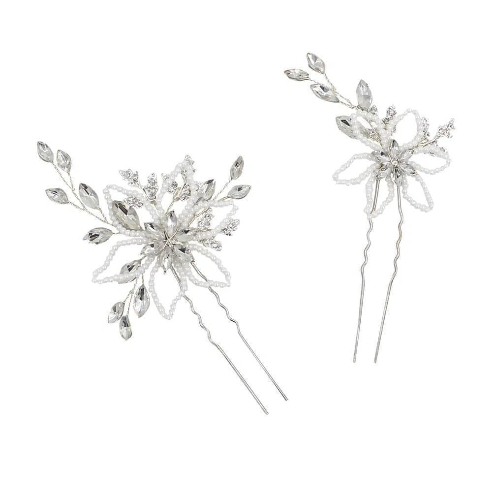 Crystal and Pearls Flower Hairpins AC1109-Headpieces 2025 -Viniodress-Silver-