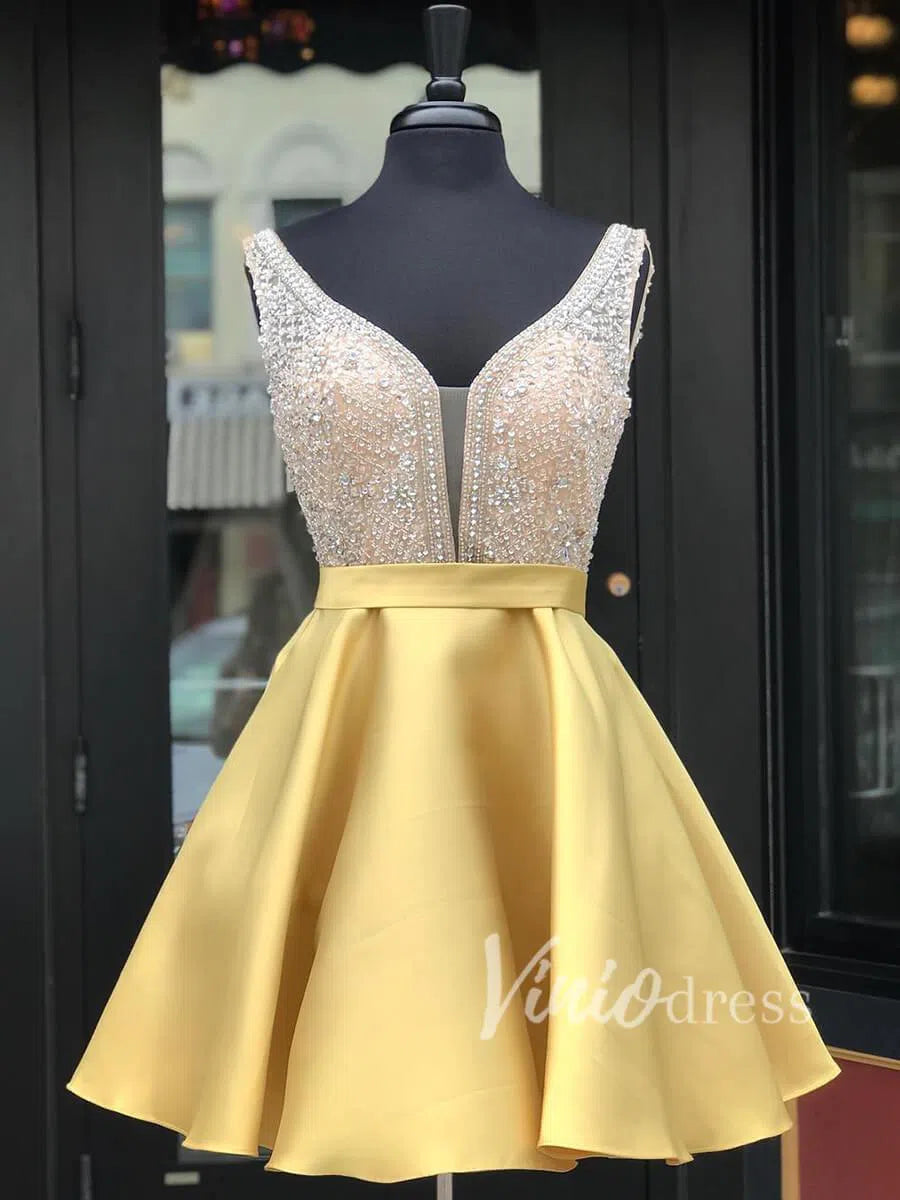 Short Prom Dresses 2025 Crystal Beaded Gold Homecoming Dresses with Pockets SD1150-homecoming dresses-Viniodress-Gold-Custom Size-Viniodress