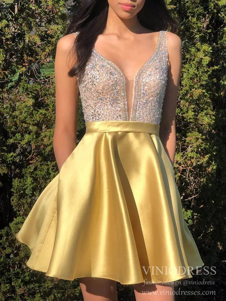 Short Prom Dresses 2025 Crystal Beaded Gold Homecoming Dresses with Pockets SD1150-homecoming dresses-Viniodress-Gold-Custom Size-Viniodress