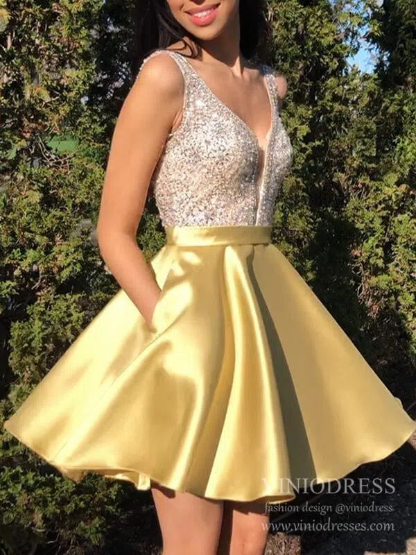 Short Prom Dresses 2025 Crystal Beaded Gold Homecoming Dresses with Pockets SD1150-homecoming dresses-Viniodress-Gold-Custom Size-Viniodress