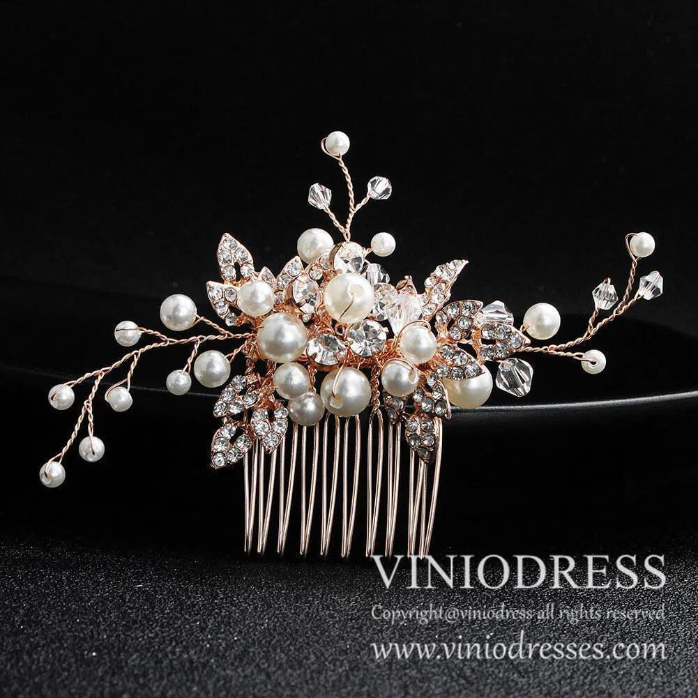 Crystal Beads Bridal Comb with Pearls AC1042-Headpieces 2025 -Viniodress-Gold-