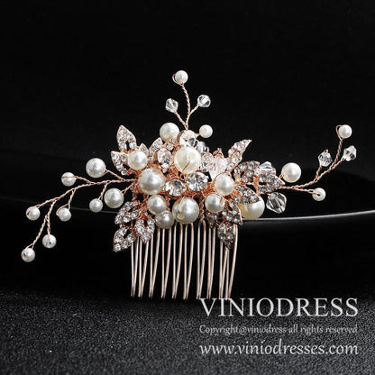 Crystal Beads Bridal Comb with Pearls AC1042-Headpieces 2025 -Viniodress-Gold-