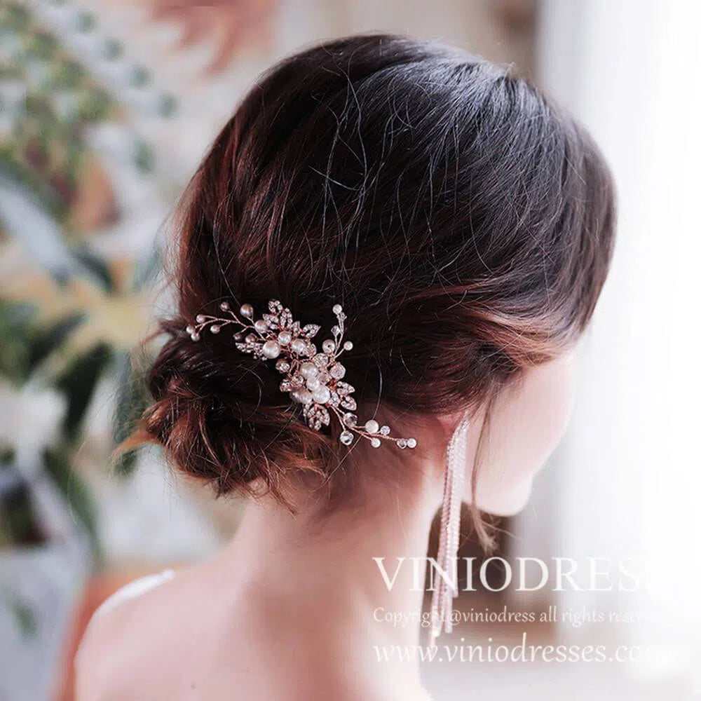 Crystal Beads Bridal Comb with Pearls AC1042-Headpieces 2025 -Viniodress-Gold-