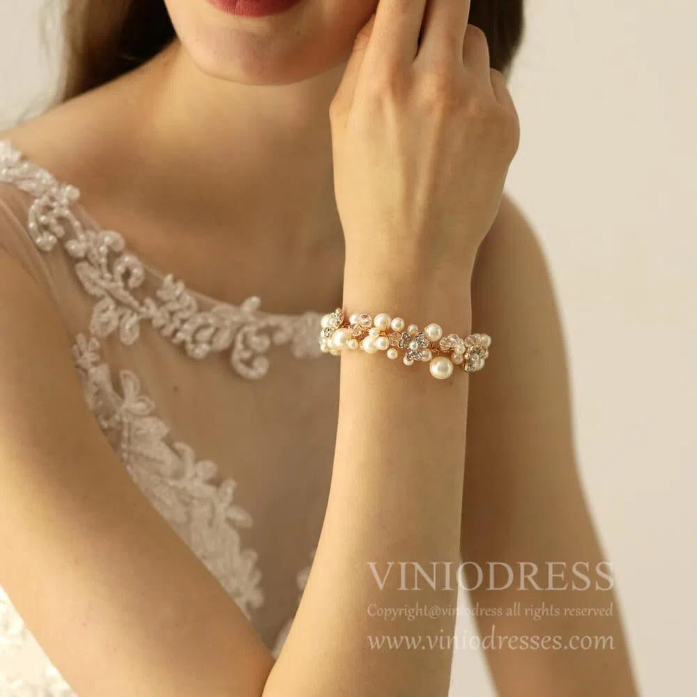 Crystal Blossom and Pearl Bridal Bracelet AC1095-Bridal Jewelry 2025 -Viniodress-As Picture-