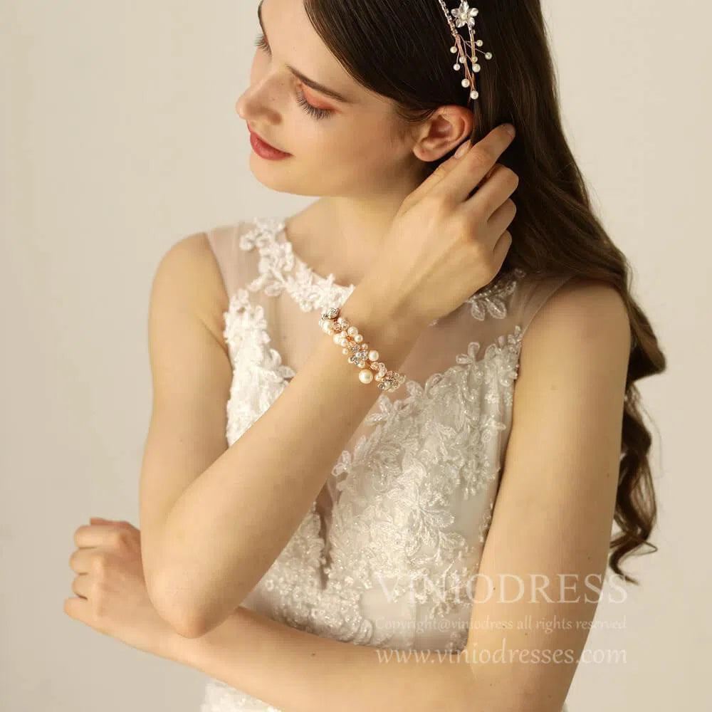 Crystal Blossom and Pearl Bridal Bracelet AC1095-Bridal Jewelry 2025 -Viniodress-As Picture-