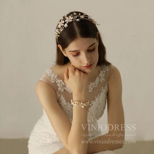 Crystal Blossom and Pearl Bridal Bracelet AC1095-Bridal Jewelry 2025 -Viniodress-As Picture-