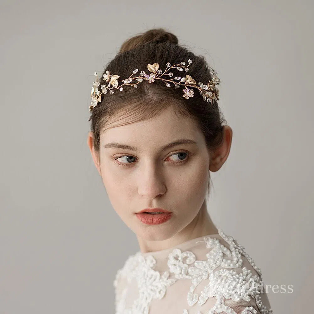 Crystal Gold Leaf Wedding Headband Viniodress ACC1120-Headpieces 2025 -Viniodress-Gold-