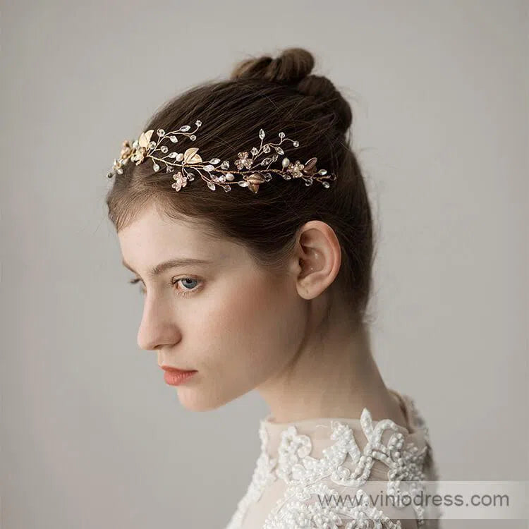 Crystal Gold Leaf Wedding Headband Viniodress ACC1120-Headpieces 2025 -Viniodress-Gold-
