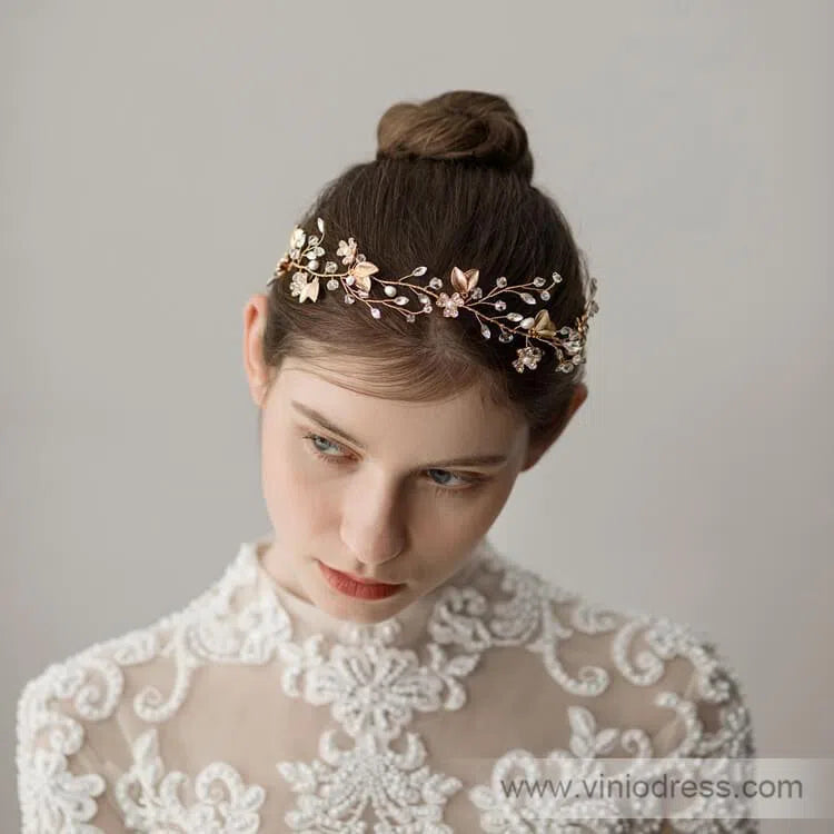 Crystal Gold Leaf Wedding Headband Viniodress ACC1120-Headpieces 2025 -Viniodress-Gold-