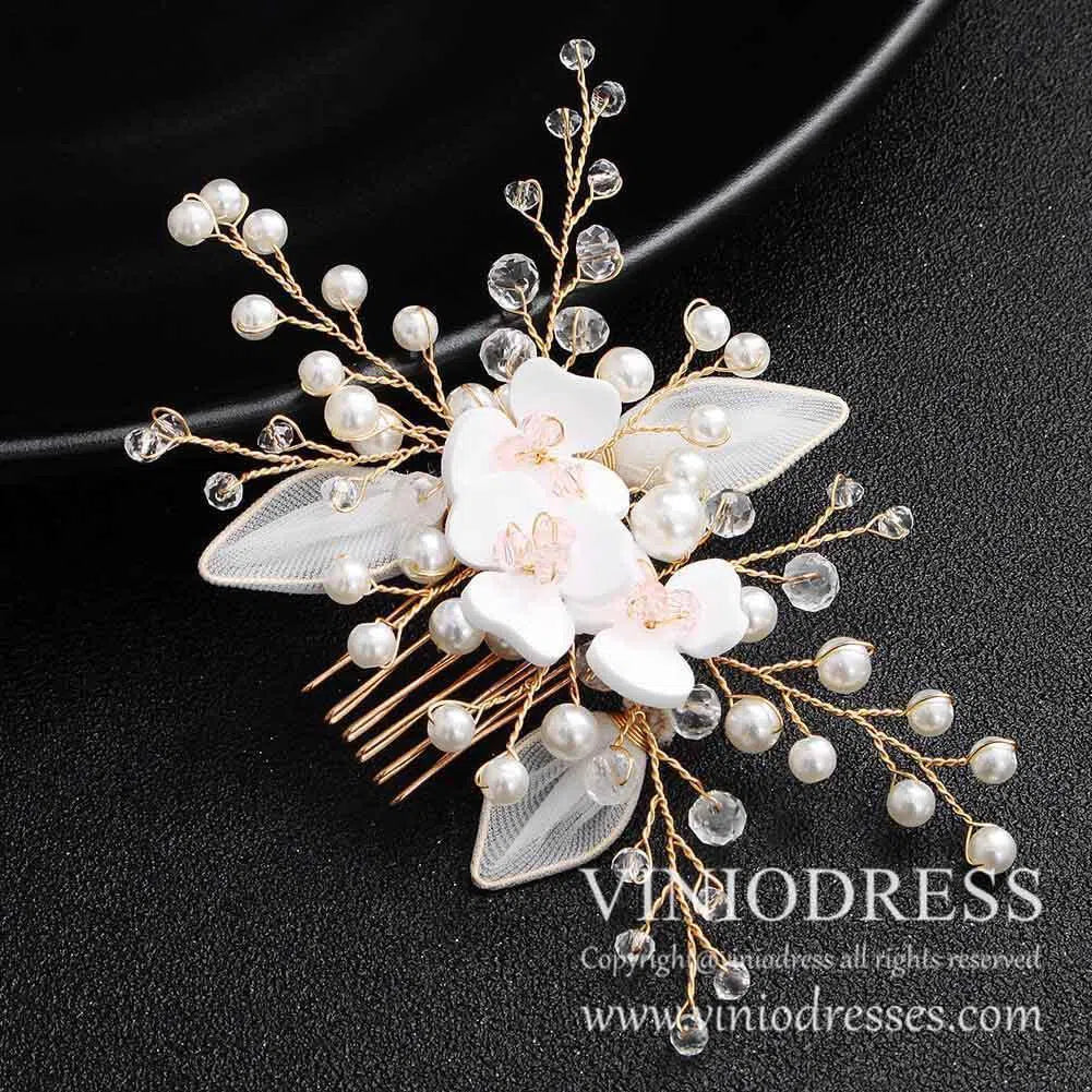 Crystal Pearl Spray Bridal Comb with Flowers AC1041-Headpieces 2025 -Viniodress-Gold-