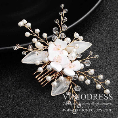Crystal Pearl Spray Bridal Comb with Flowers AC1041-Headpieces 2025 -Viniodress-Gold-