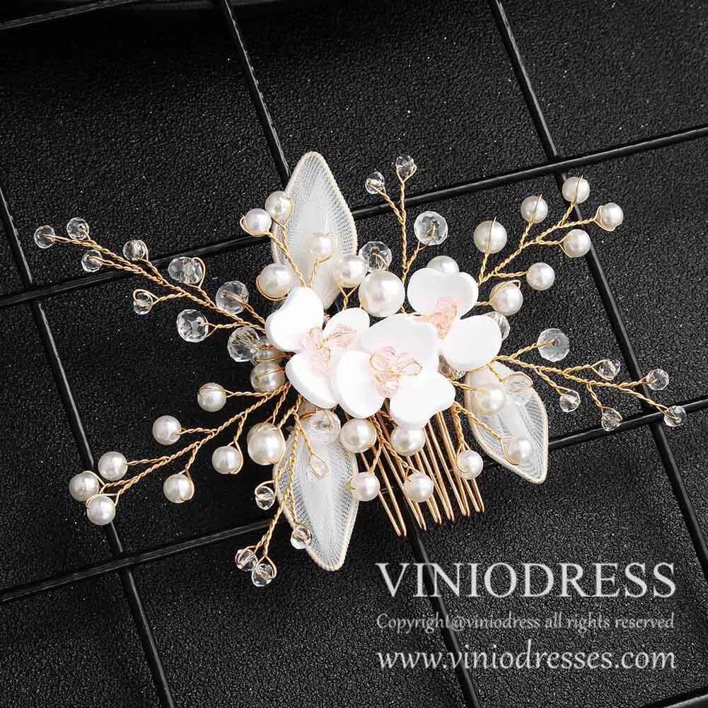 Crystal Pearl Spray Bridal Comb with Flowers AC1041-Headpieces 2025 -Viniodress-Gold-
