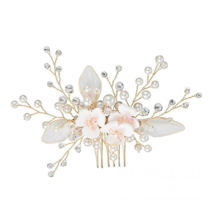 Crystal Pearl Spray Bridal Comb with Flowers AC1041-Headpieces 2025 -Viniodress-Gold-