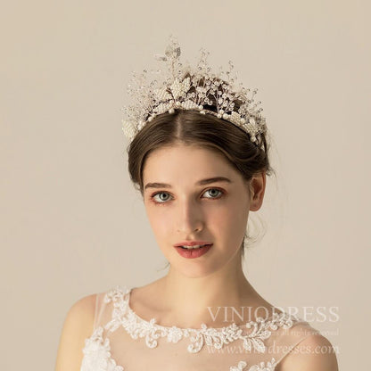 Crystal Spray Bridal Tiara Pearls Quinceanera Crown AC1092-Headpieces 2025 -Viniodress-Silver-
