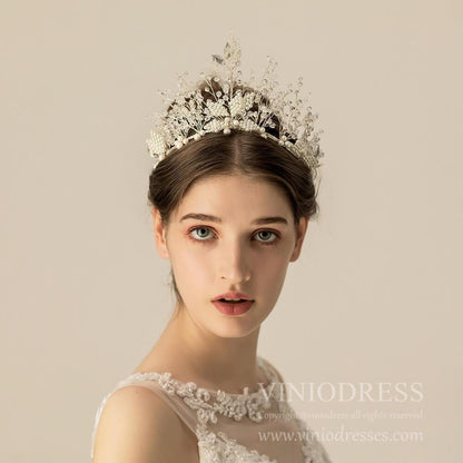 Crystal Spray Bridal Tiara Pearls Quinceanera Crown AC1092-Headpieces 2025 -Viniodress-Silver-