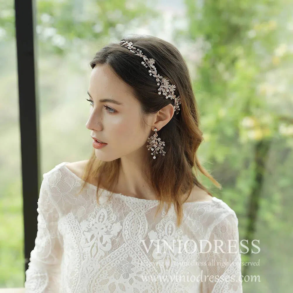 Crystal Spray Earrings AC1079-Bridal Jewelry 2025 -Viniodress-Gold-