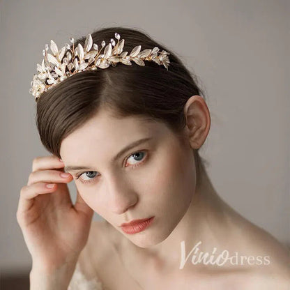 Crystals and Pearls Gold Tiaras with Leaves Viniodress AC1088-Headpieces 2025 -Viniodress-Gold-